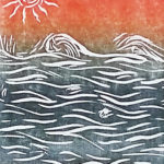 Simple two-color linocut image of ocean by April Hoff