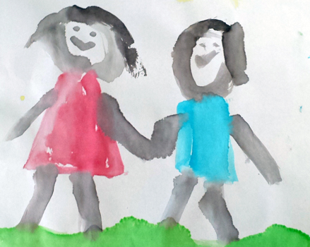 child's watercolor image of kids walking hand in hand in grass