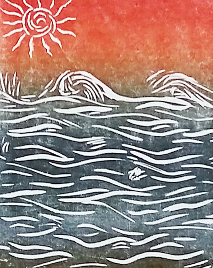 Simple two-color linocut image of ocean by April Hoff