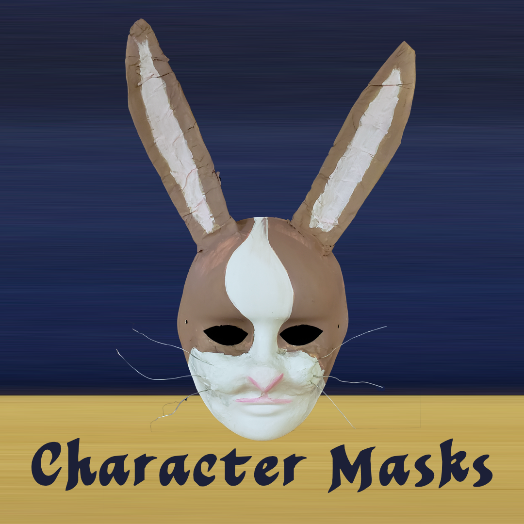 Character mask of a brown and white rabbit made by April Hoff