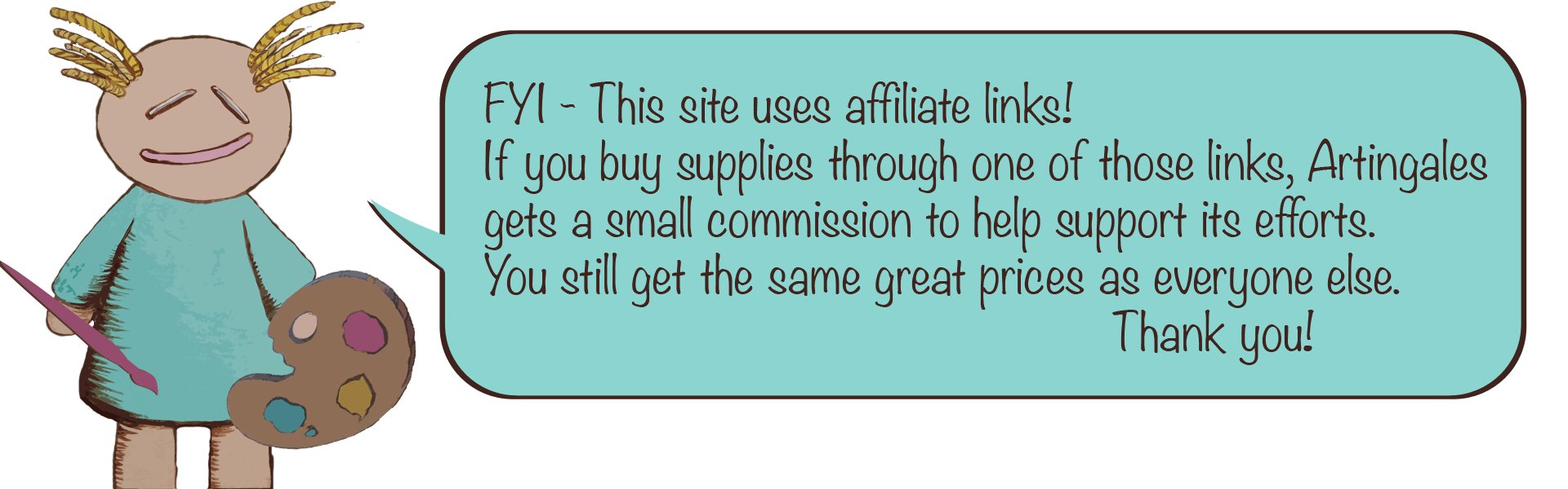 Illustrated doll graphic with text bubble explaining affiliate relationship.