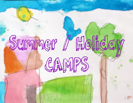 cheery kindergartener's watercolor painting with Summer/Holiday Camps advertising text