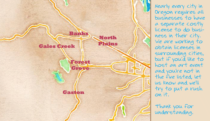 watercolor map of service areas Forest Grove, Banks, Gaston, Gales Creek, and North Plains