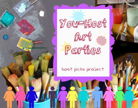 graphical and photographical image with men and women icons, paint brushes, and a framed poster that reads "You-Host Art Parties - host picks project"